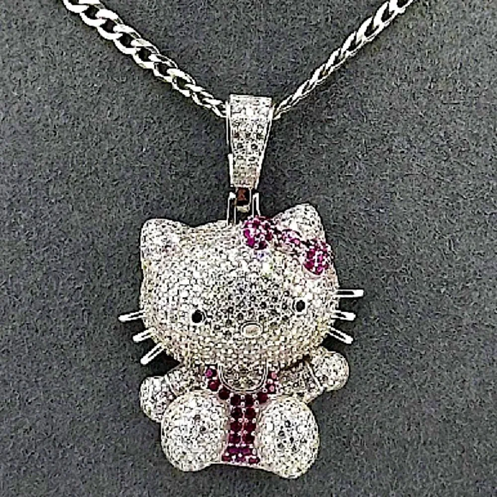 Silver Iced Out Hello Kitty Charm Pendant Necklace 3D Full Body - Picture 1 of 5
